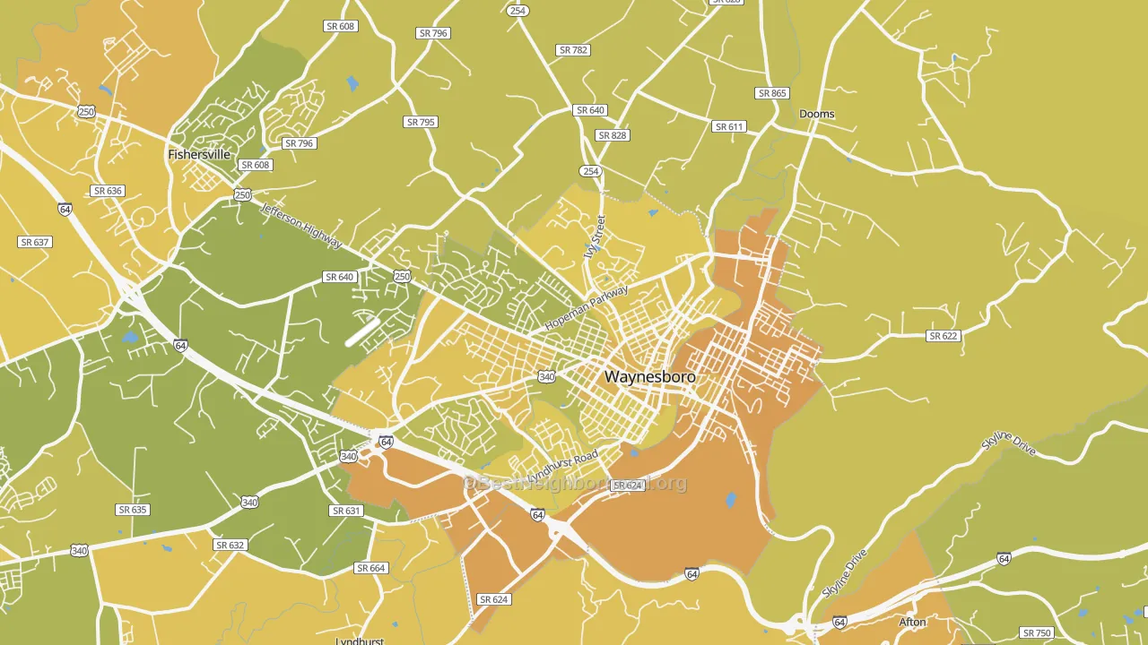 Map of the best neighborhoods in the 22980 area, with better matches in green and worse matches in red