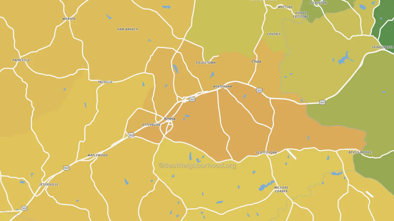 Map of the best neighborhoods in the 23002 area, with better matches in green and worse matches in red