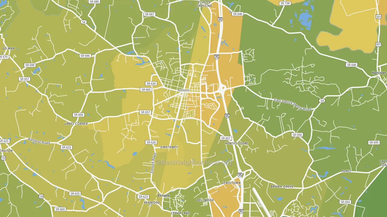 Map of the best neighborhoods in the 23005 area, with better matches in green and worse matches in red