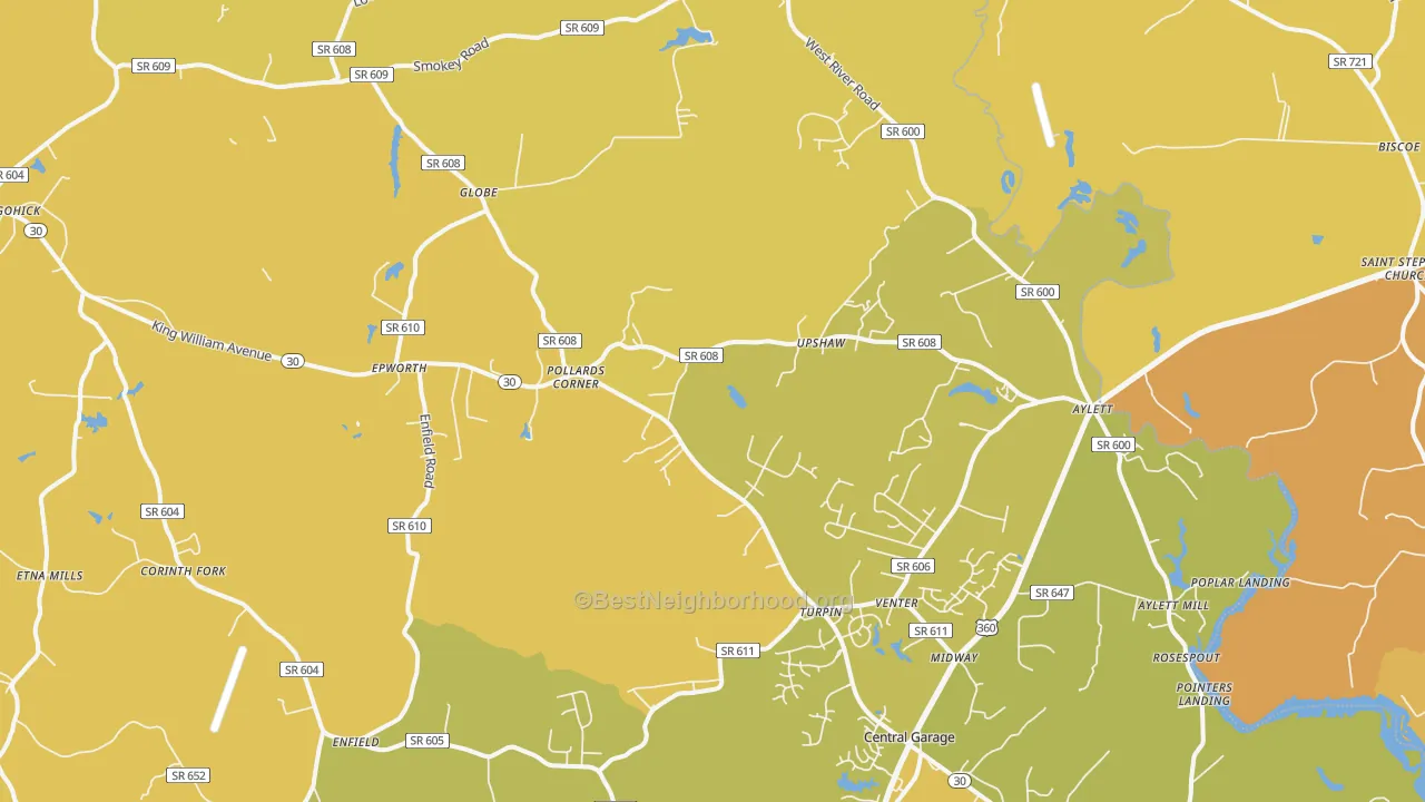 Map of the best neighborhoods in the 23009 area, with better matches in green and worse matches in red