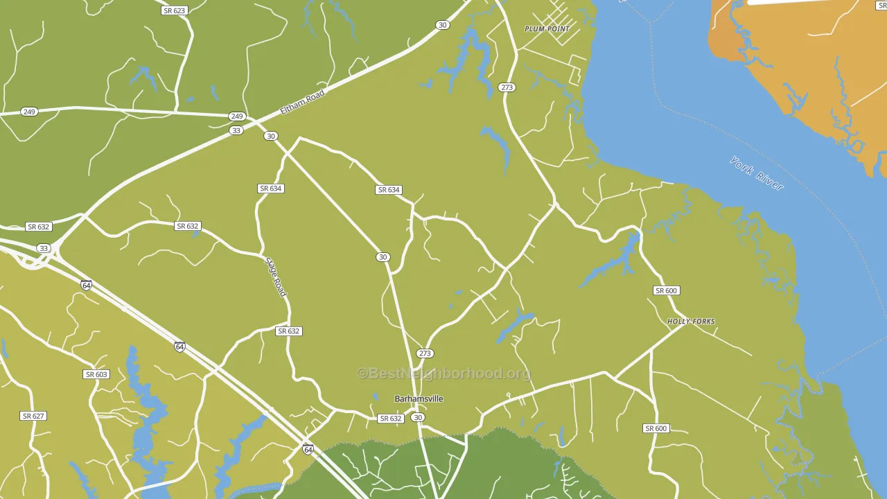 Map of the best neighborhoods in the 23011 area, with better matches in green and worse matches in red