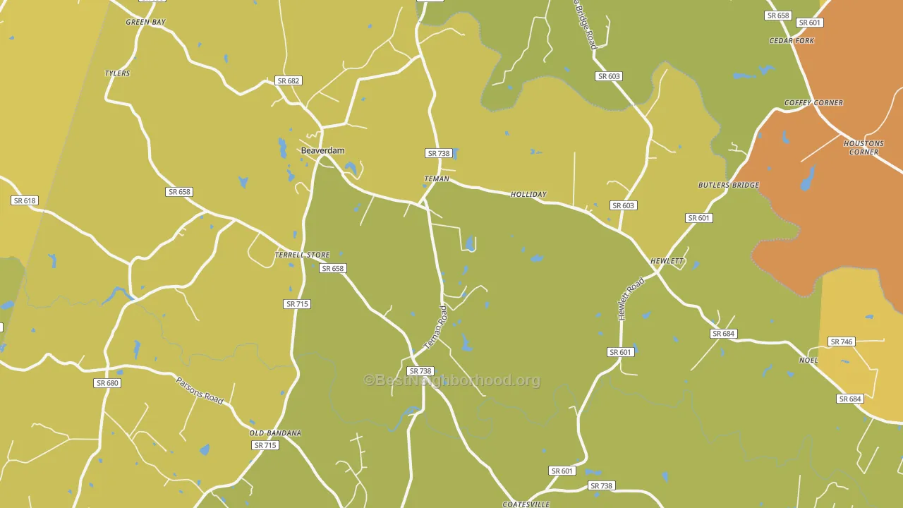 Map of the best neighborhoods in the 23015 area, with better matches in green and worse matches in red