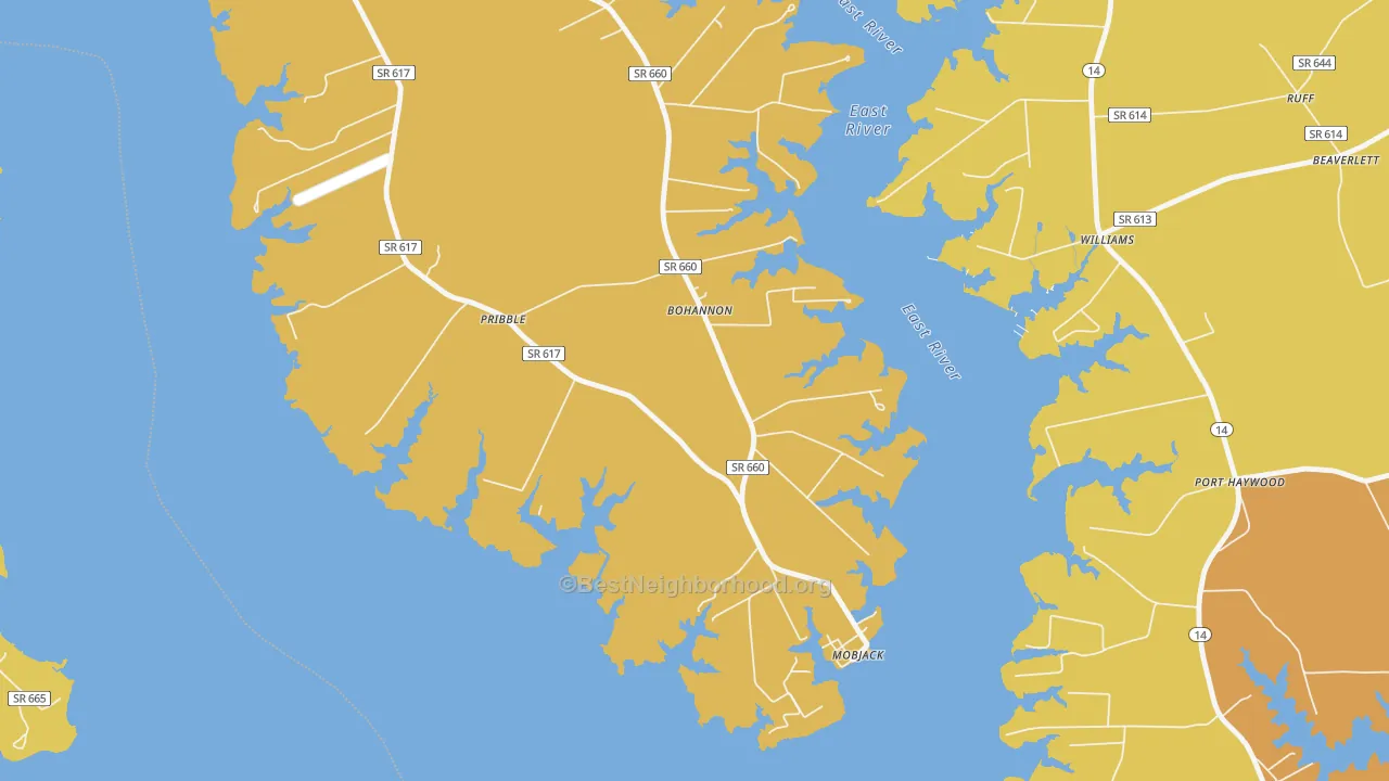 Map of the best neighborhoods in the 23021 area, with better matches in green and worse matches in red
