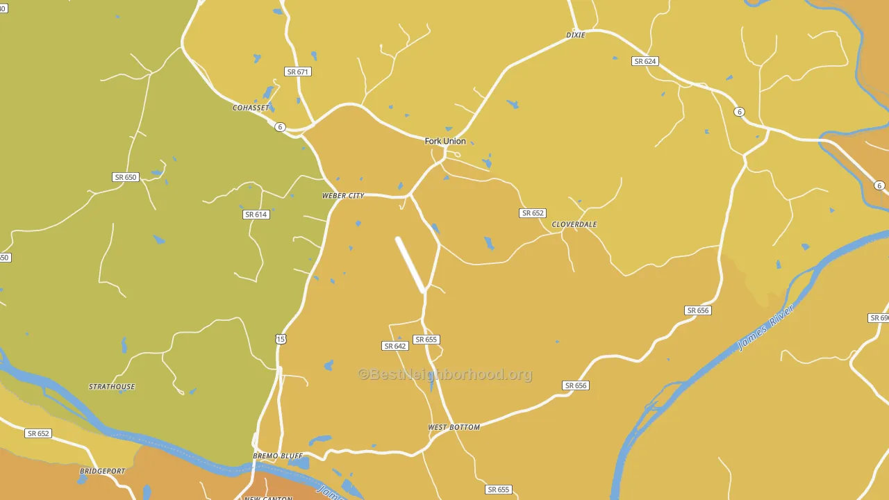 Map of the best neighborhoods in the 23022 area, with better matches in green and worse matches in red