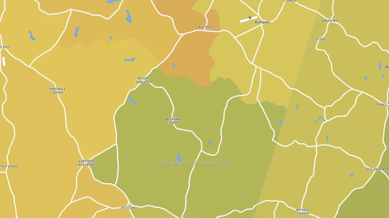 Map of the best neighborhoods in the 23024 area, with better matches in green and worse matches in red