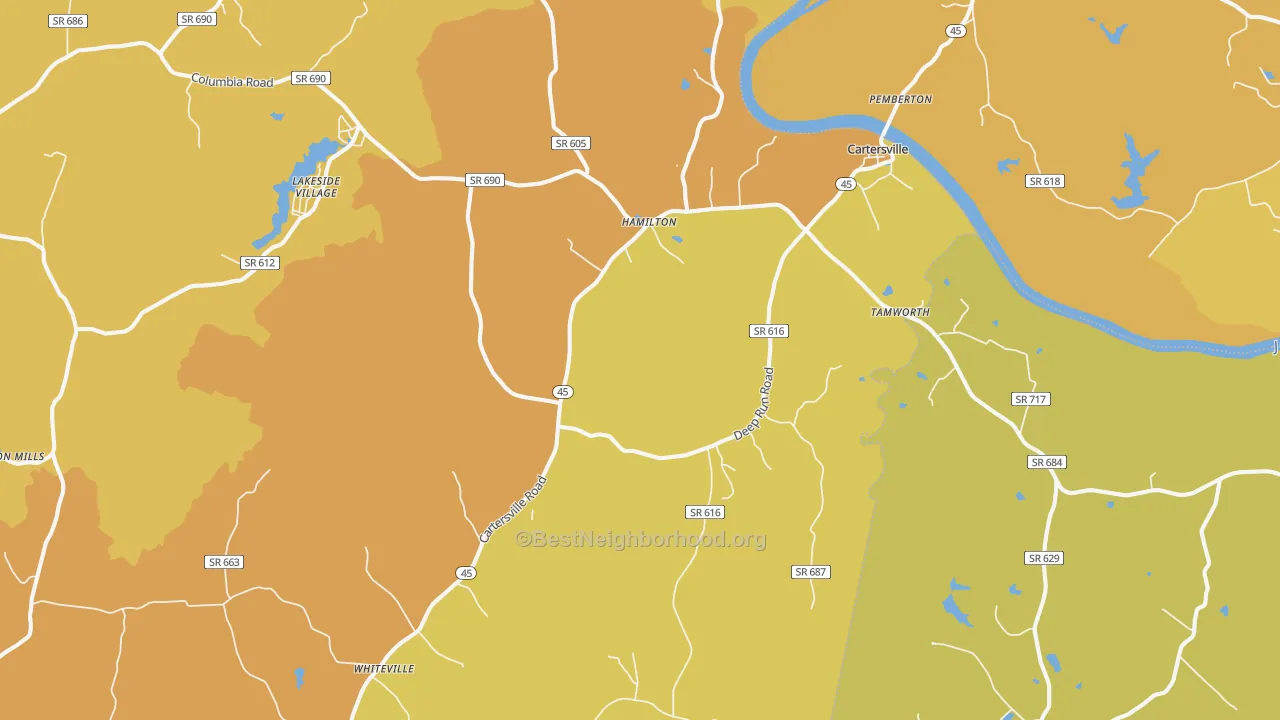 Map of the best neighborhoods in the 23027 area, with better matches in green and worse matches in red