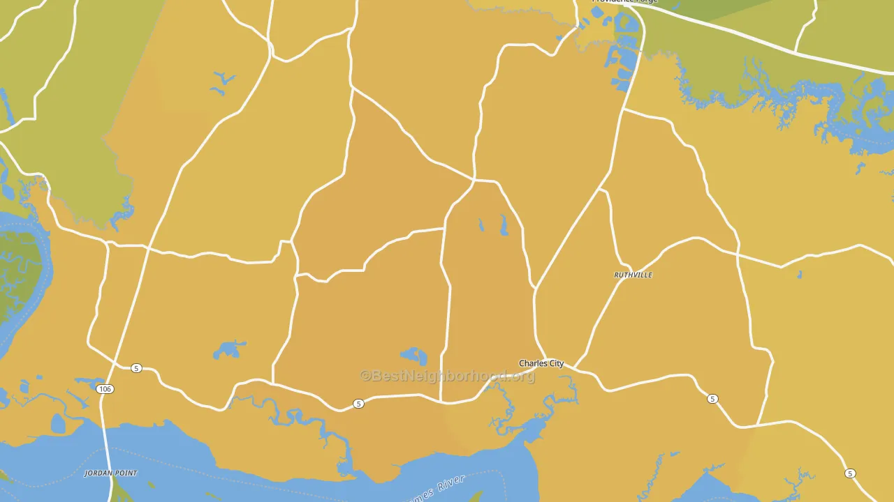 Map of the best neighborhoods in the 23030 area, with better matches in green and worse matches in red
