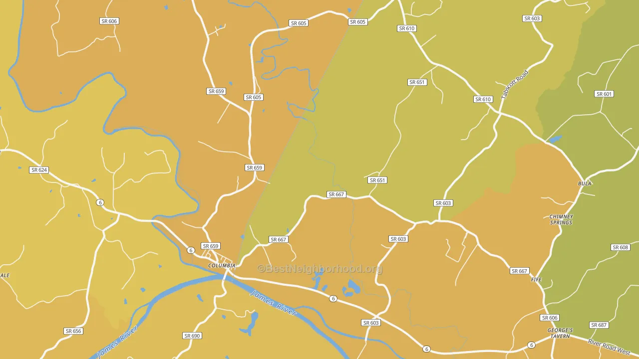 Map of the best neighborhoods in the 23038 area, with better matches in green and worse matches in red
