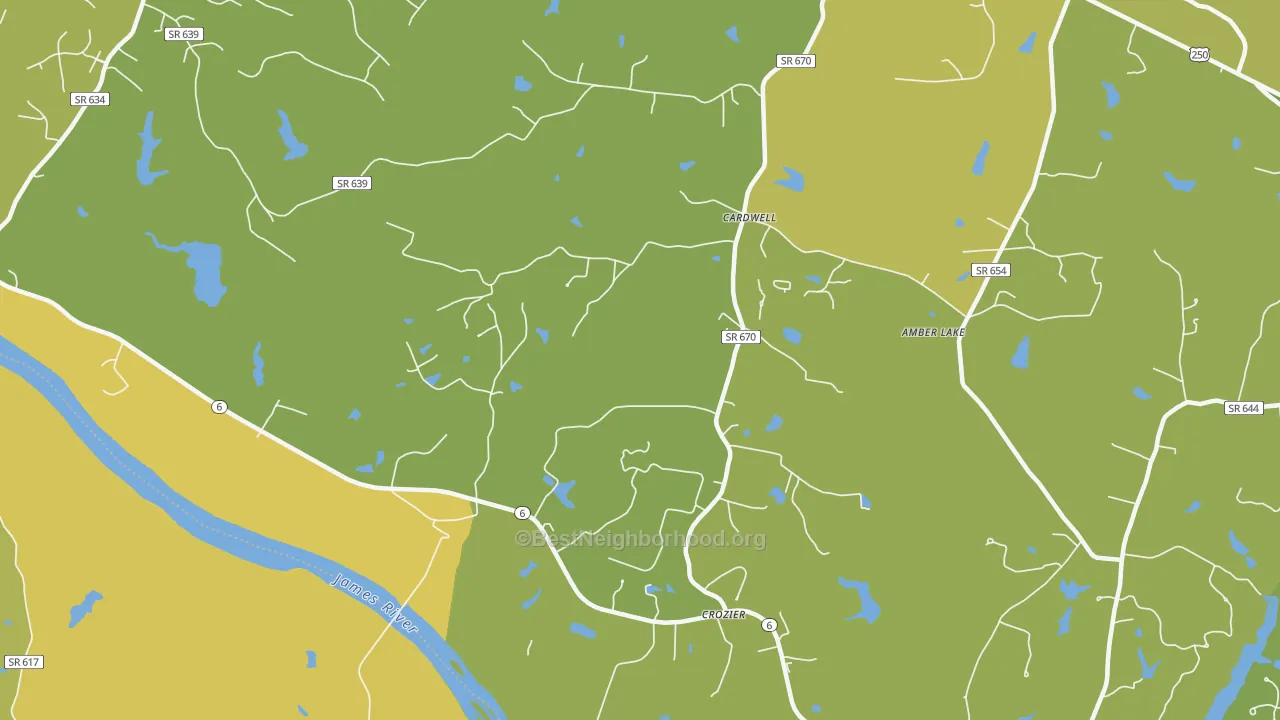 Map of the best neighborhoods in the 23039 area, with better matches in green and worse matches in red