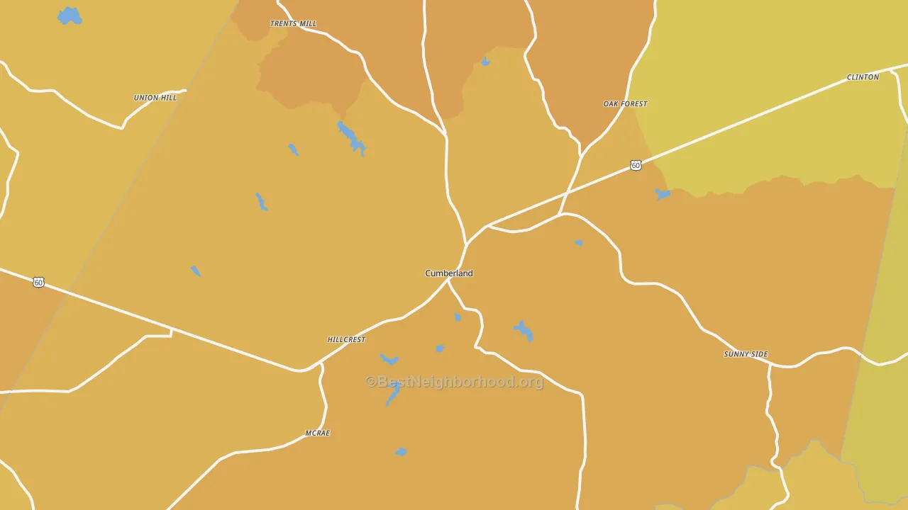 Map of the best neighborhoods in the 23040 area, with better matches in green and worse matches in red
