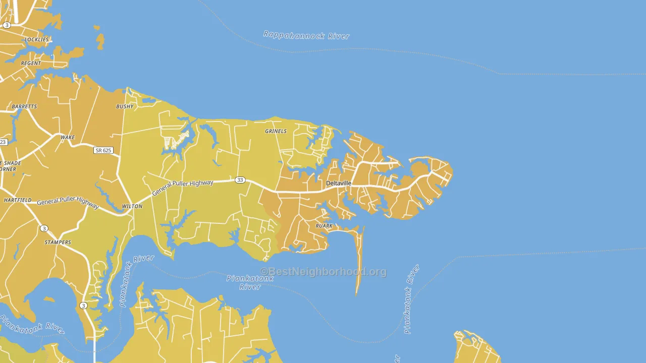 Map of the best neighborhoods in the 23043 area, with better matches in green and worse matches in red