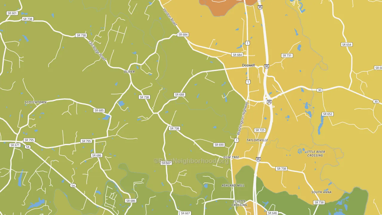 Map of the best neighborhoods in the 23047 area, with better matches in green and worse matches in red