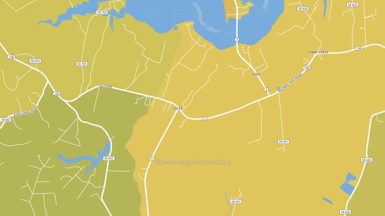 Map of the best neighborhoods in the 23050 area, with better matches in green and worse matches in red