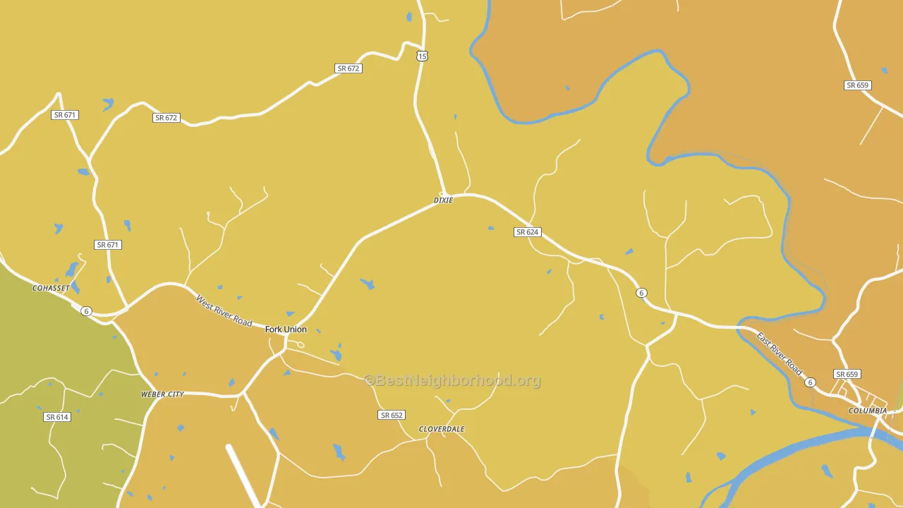 Map of the best neighborhoods in the 23055 area, with better matches in green and worse matches in red