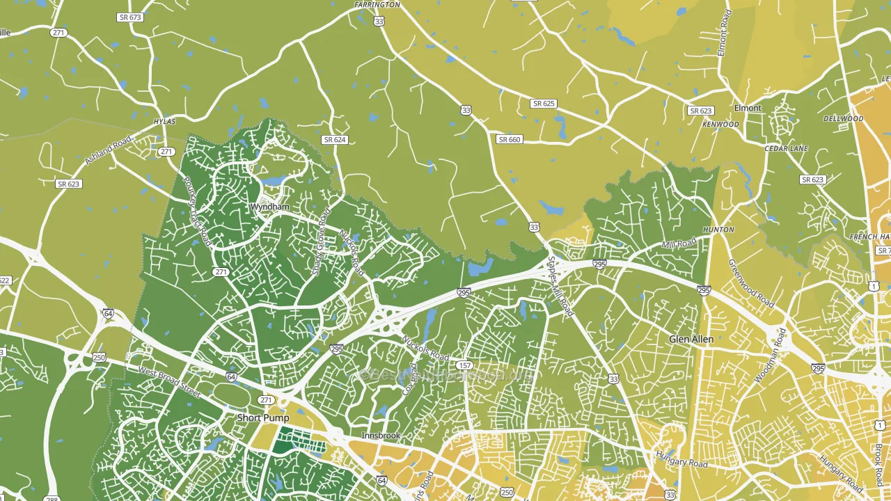 Map of the best neighborhoods in the 23059 area, with better matches in green and worse matches in red