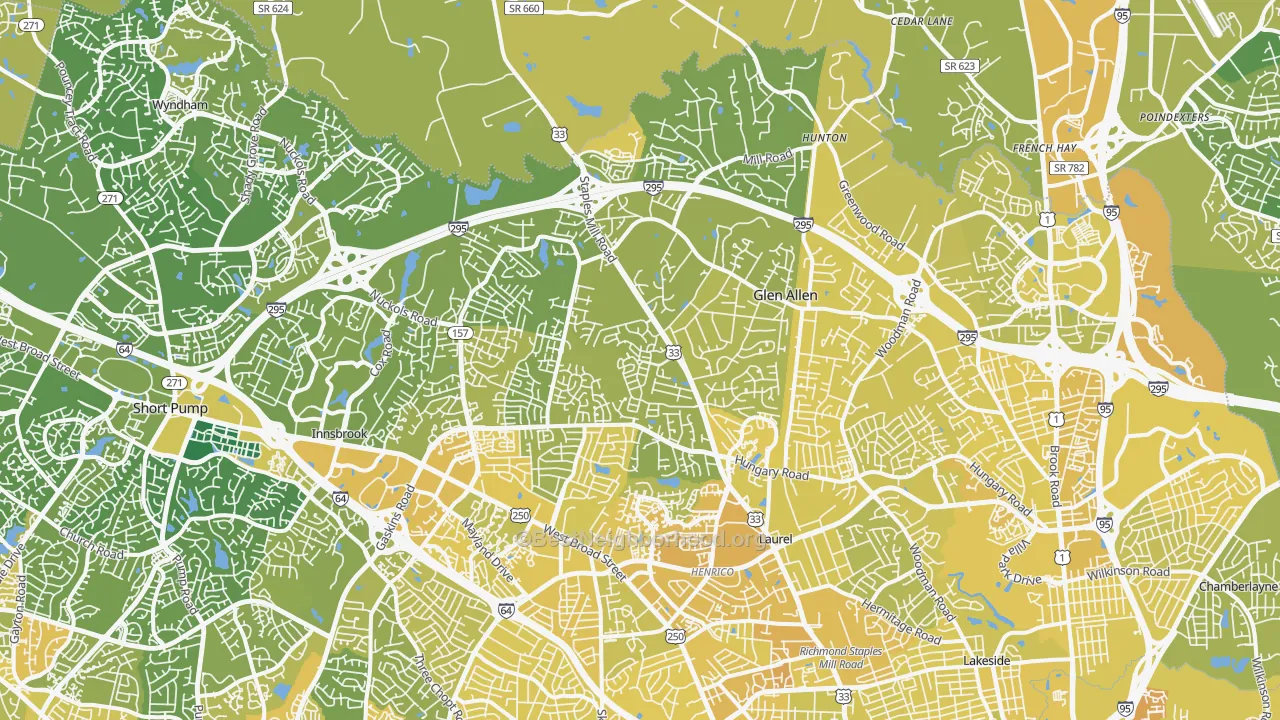 Map of the best neighborhoods in the 23060 area, with better matches in green and worse matches in red
