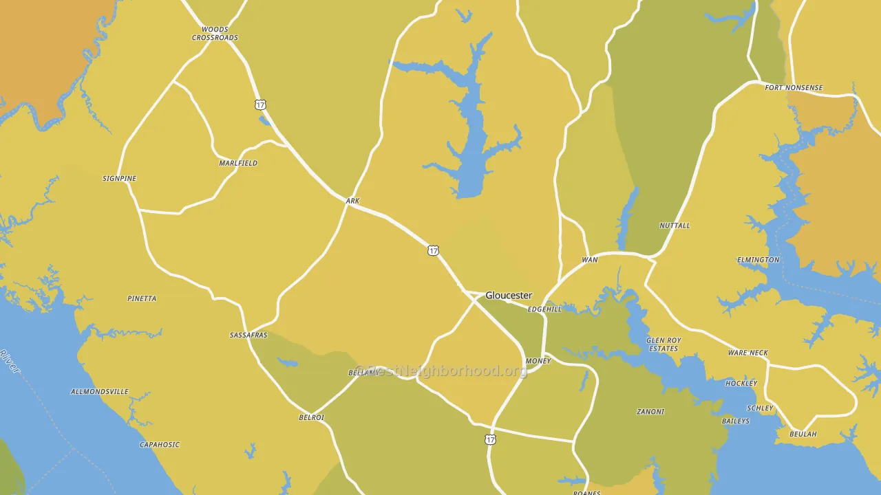 Map of the best neighborhoods in the 23061 area, with better matches in green and worse matches in red