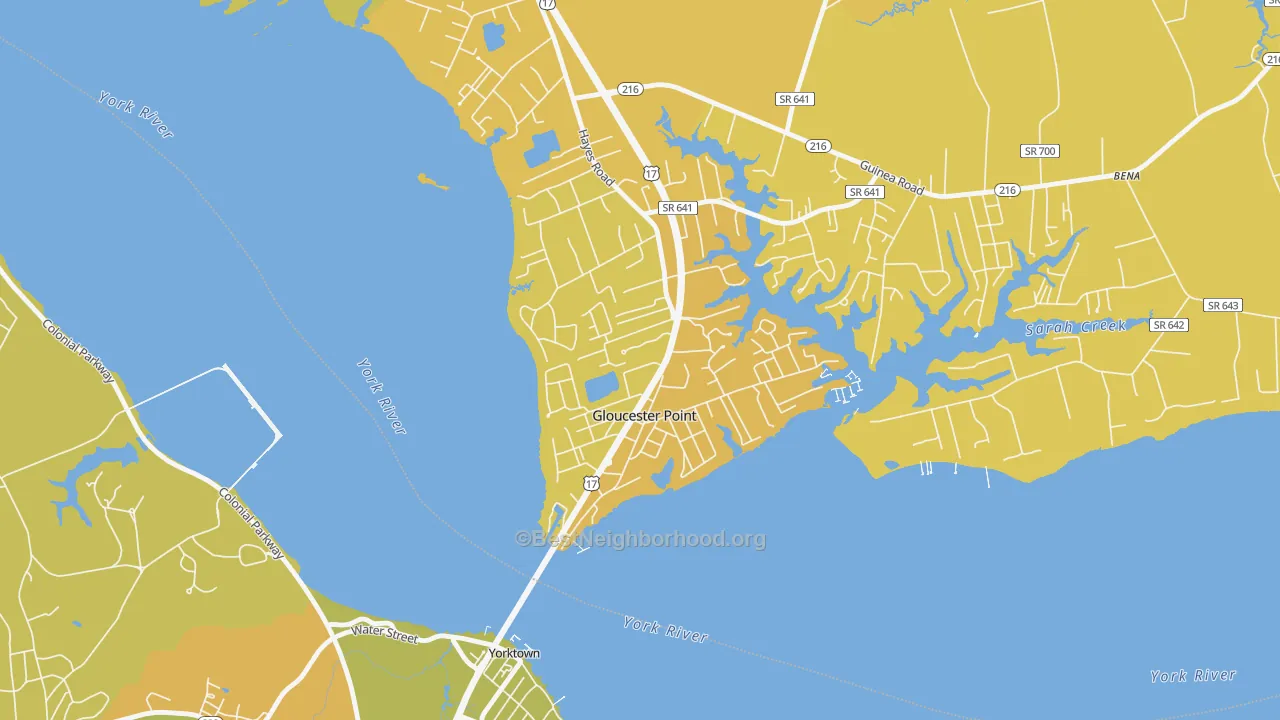 Map of the best neighborhoods in the 23062 area, with better matches in green and worse matches in red