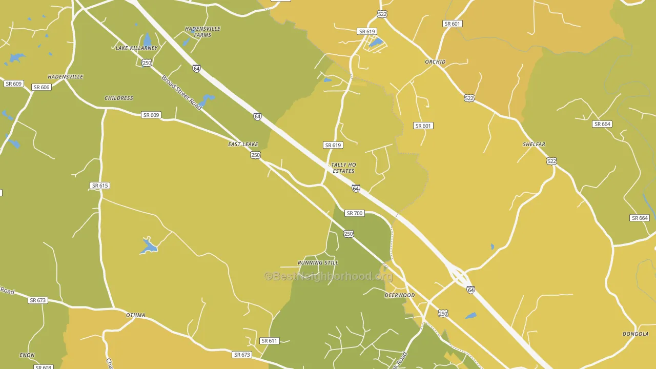 Map of the best neighborhoods in the 23065 area, with better matches in green and worse matches in red