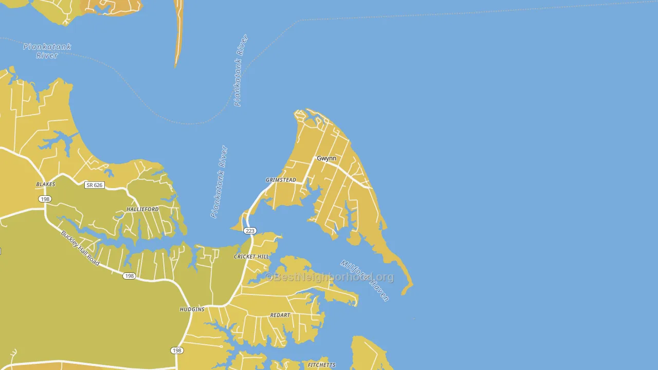 Map of the best neighborhoods in the 23066 area, with better matches in green and worse matches in red
