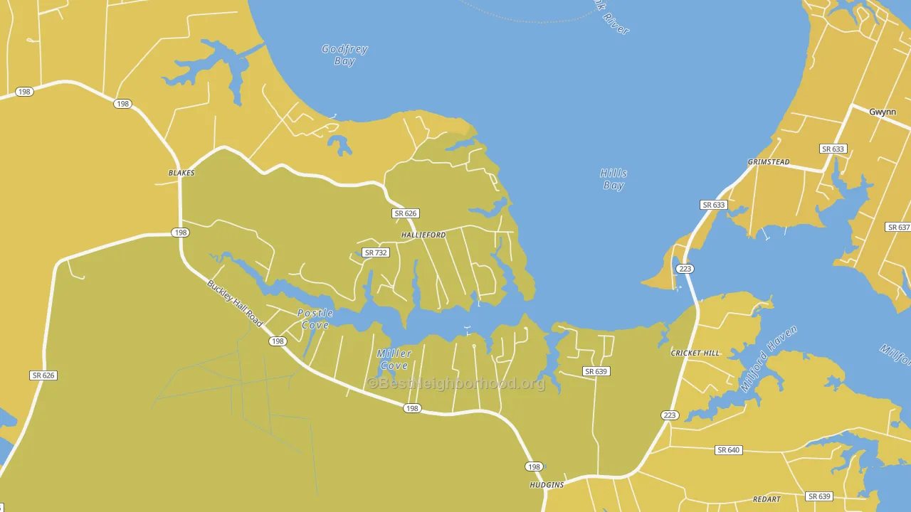 Map of the best neighborhoods in the 23068 area, with better matches in green and worse matches in red