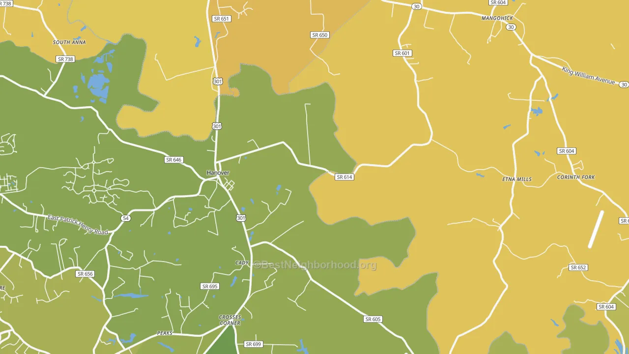 Map of the best neighborhoods in the 23069 area, with better matches in green and worse matches in red