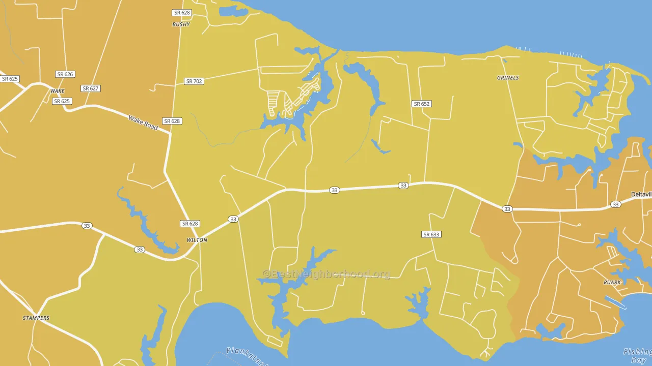 Map of the best neighborhoods in the 23070 area, with better matches in green and worse matches in red