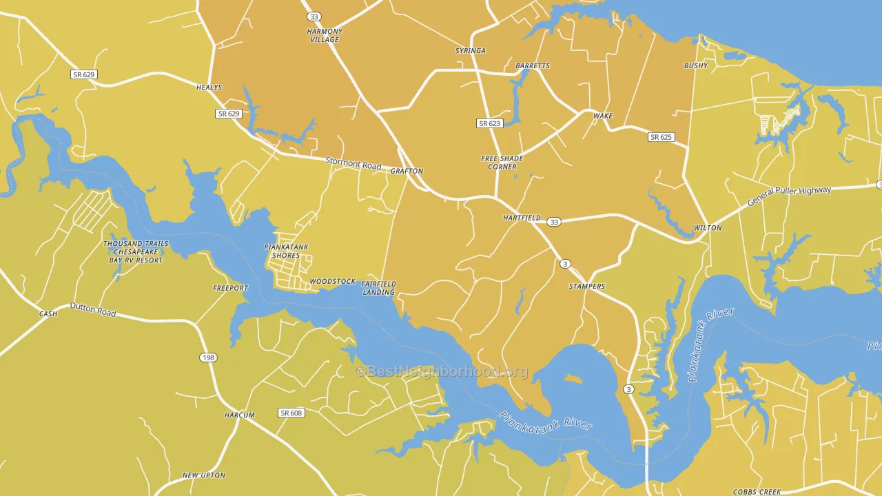 Map of the best neighborhoods in the 23071 area, with better matches in green and worse matches in red
