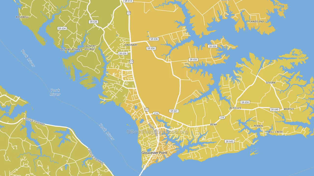 Map of the best neighborhoods in the 23072 area, with better matches in green and worse matches in red
