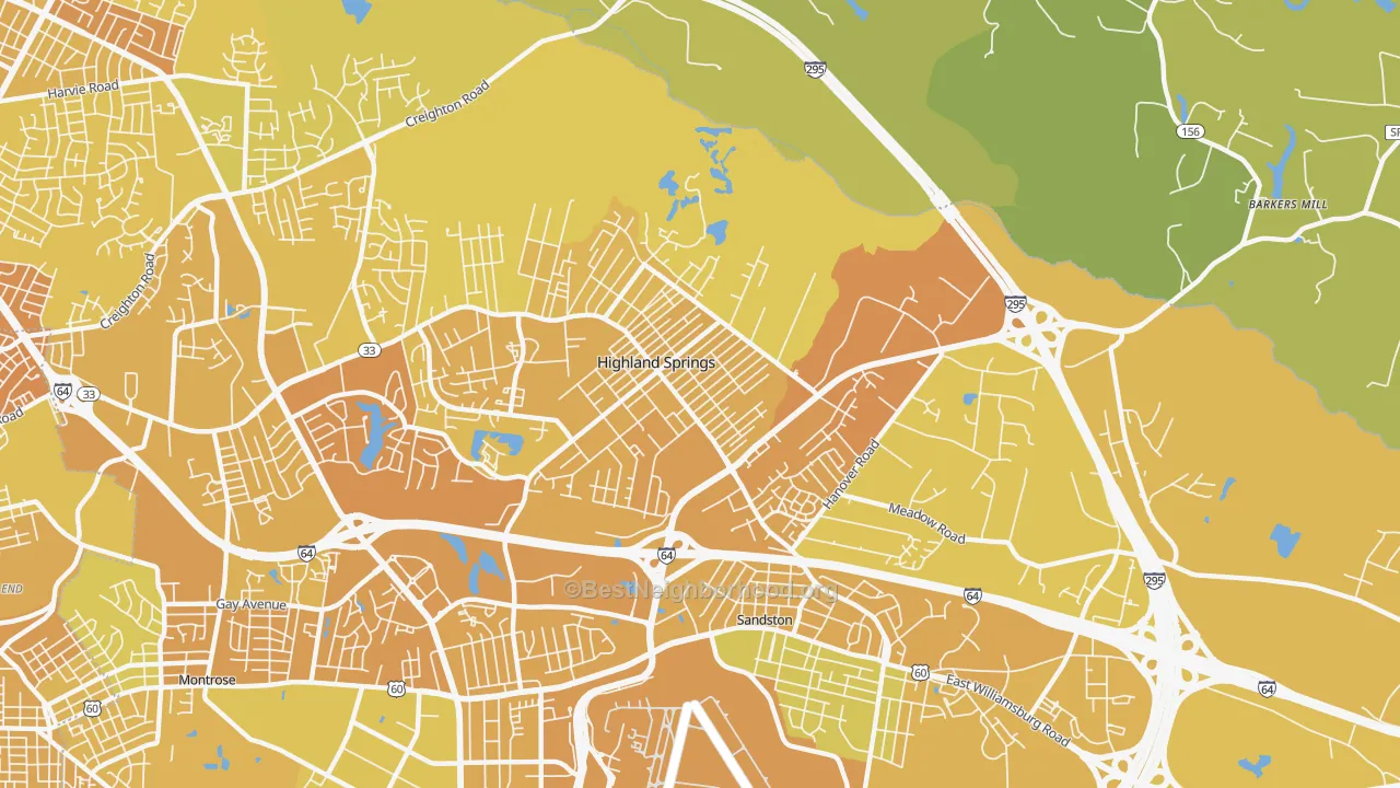 Map of the best neighborhoods in the 23075 area, with better matches in green and worse matches in red