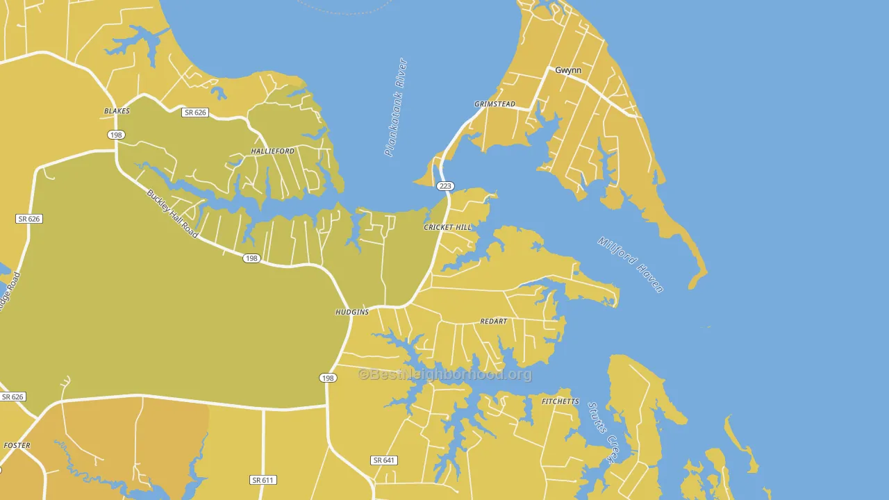 Map of the best neighborhoods in the 23076 area, with better matches in green and worse matches in red