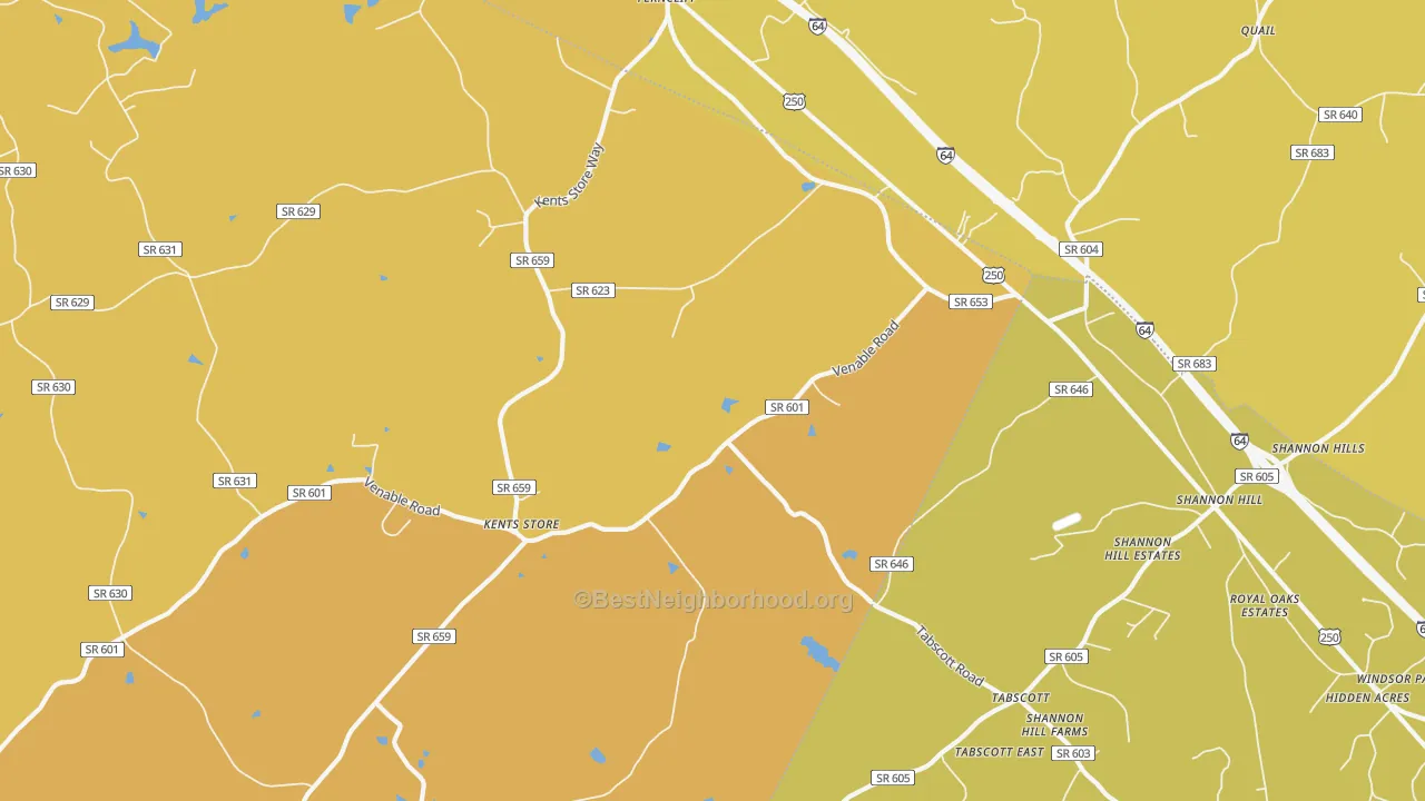 Map of the best neighborhoods in the 23084 area, with better matches in green and worse matches in red