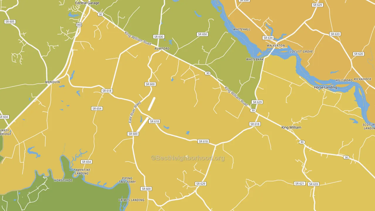 Map of the best neighborhoods in the 23086 area, with better matches in green and worse matches in red
