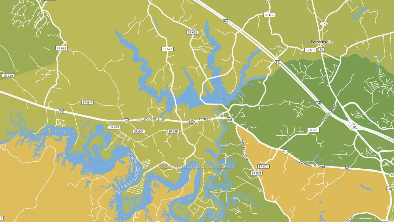 Map of the best neighborhoods in the 23089 area, with better matches in green and worse matches in red