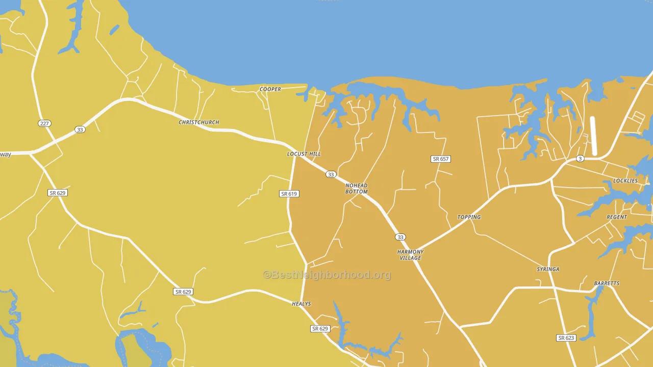 Map of the best neighborhoods in the 23092 area, with better matches in green and worse matches in red