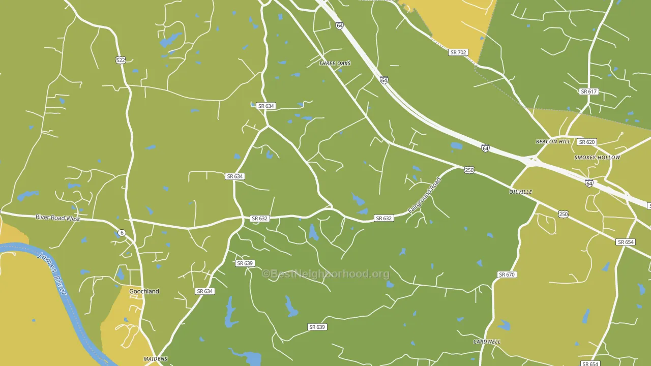 Map of the best neighborhoods in the 23102 area, with better matches in green and worse matches in red