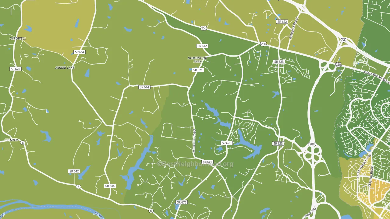 Map of the best neighborhoods in the 23103 area, with better matches in green and worse matches in red