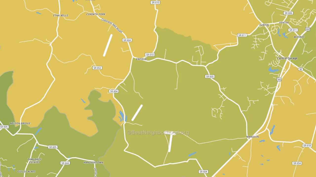 Map of the best neighborhoods in the 23106 area, with better matches in green and worse matches in red