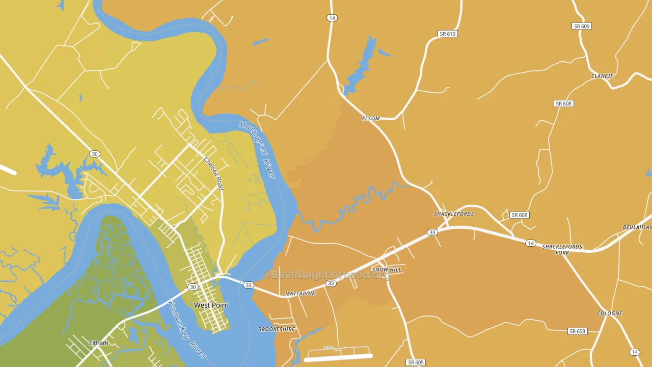 Map of the best neighborhoods in the 23110 area, with better matches in green and worse matches in red