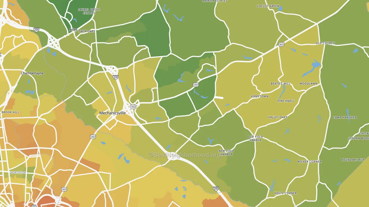 Map of the best neighborhoods in the 23111 area, with better matches in green and worse matches in red