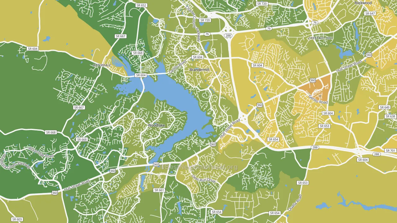 Map of the best neighborhoods in the 23112 area, with better matches in green and worse matches in red