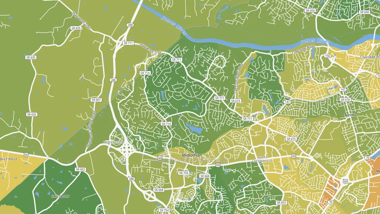 Map of the best neighborhoods in the 23113 area, with better matches in green and worse matches in red