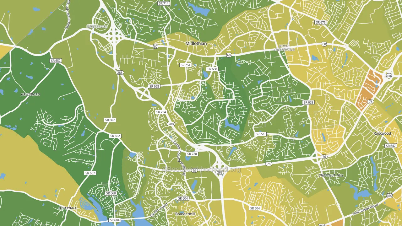 Map of the best neighborhoods in the 23114 area, with better matches in green and worse matches in red