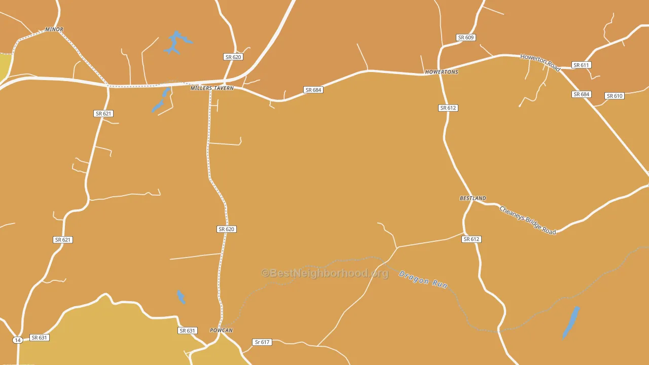 Map of the best neighborhoods in the 23115 area, with better matches in green and worse matches in red