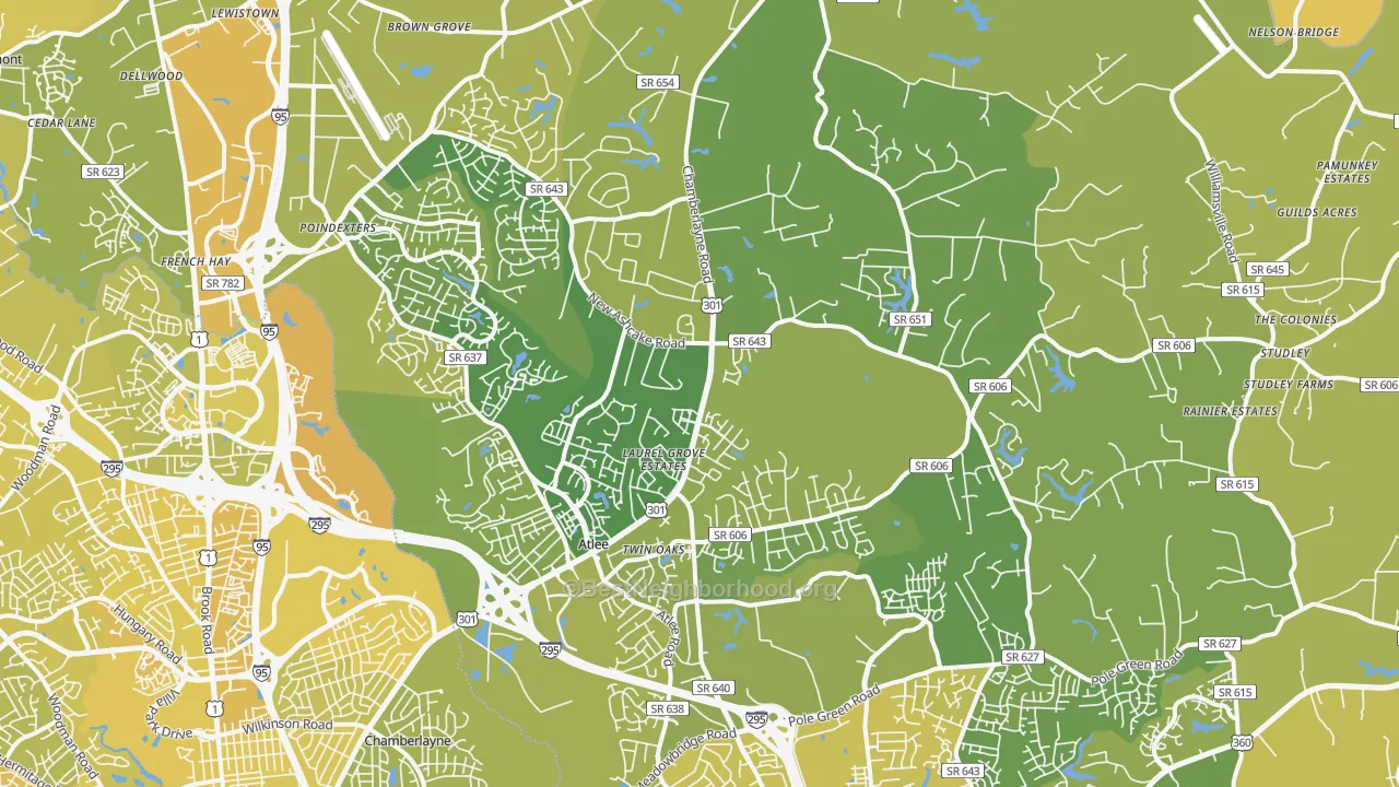 Map of the best neighborhoods in the 23116 area, with better matches in green and worse matches in red