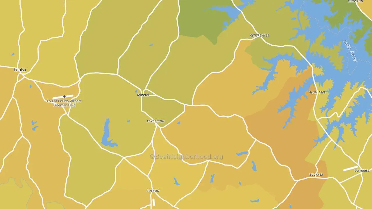 Map of the best neighborhoods in the 23117 area, with better matches in green and worse matches in red