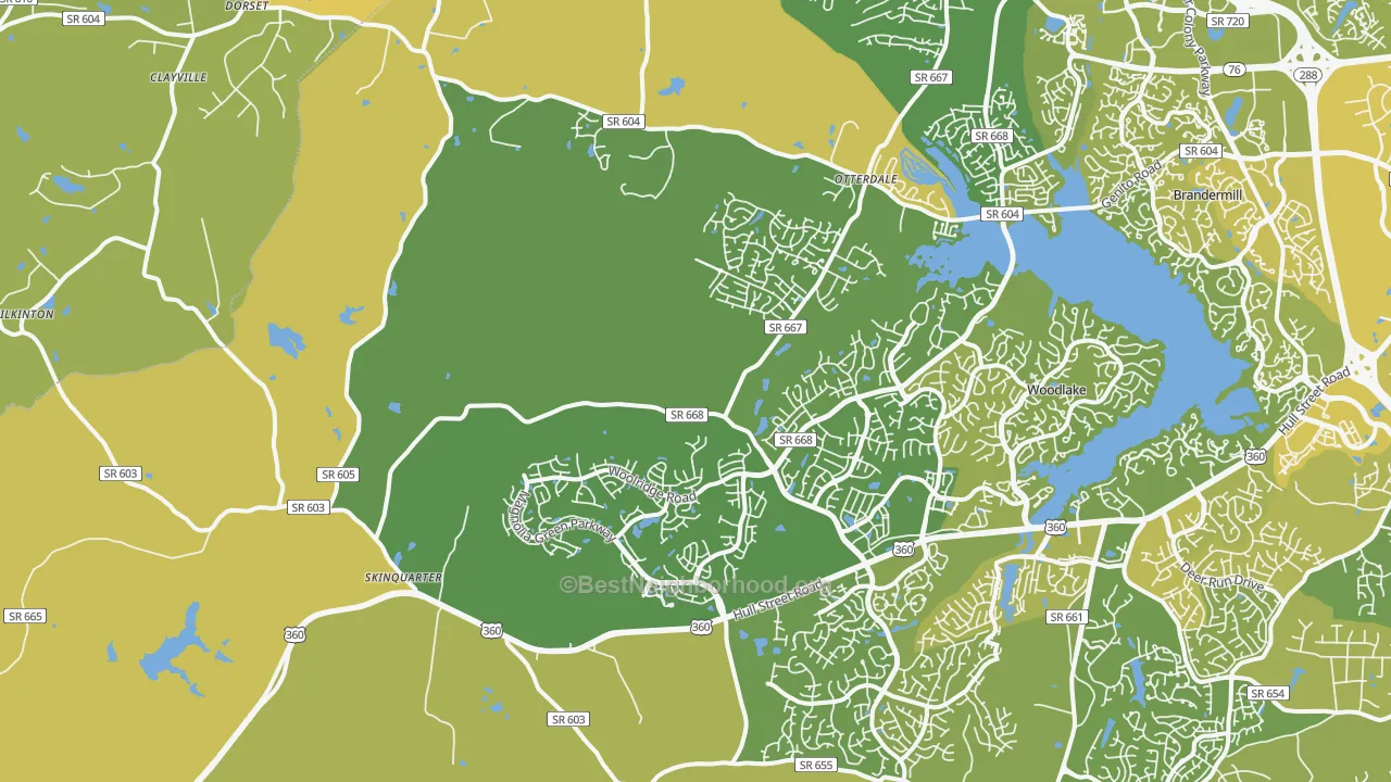 Map of the best neighborhoods in the 23120 area, with better matches in green and worse matches in red