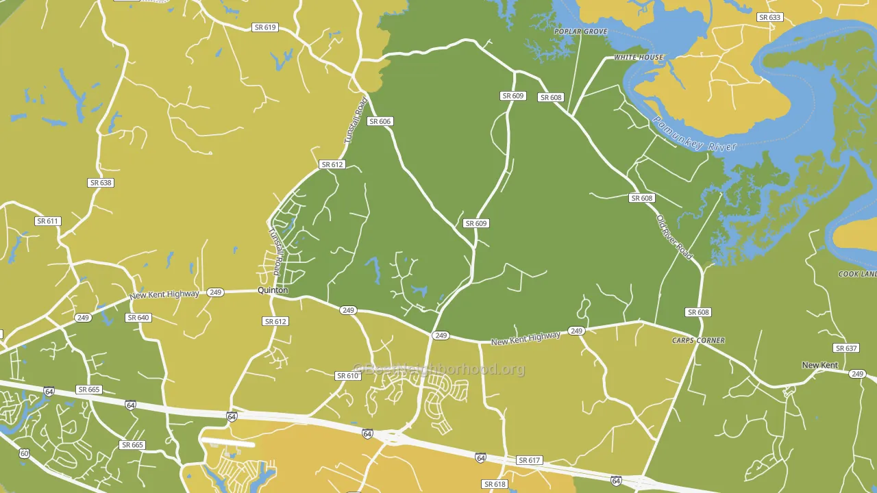 Map of the best neighborhoods in the 23124 area, with better matches in green and worse matches in red