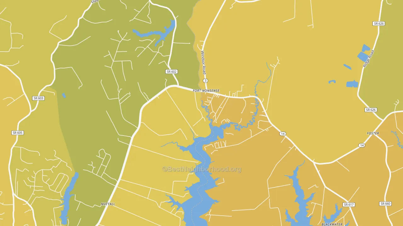 Map of the best neighborhoods in the 23128 area, with better matches in green and worse matches in red