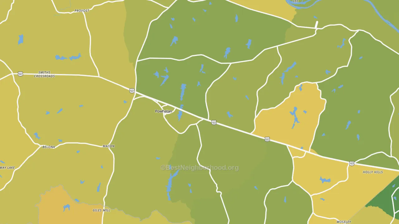 Map of the best neighborhoods in the 23139 area, with better matches in green and worse matches in red